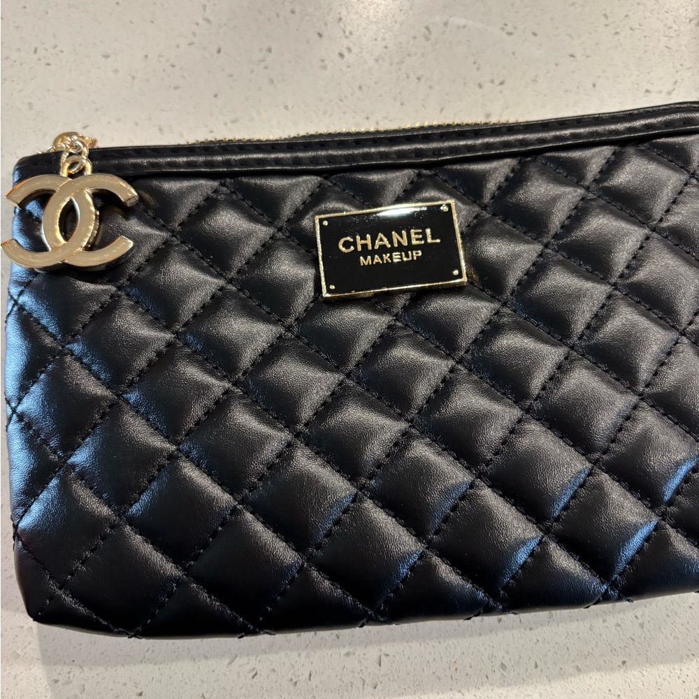 Chanel Black Quilted Cosmetic Case with Gold Logo